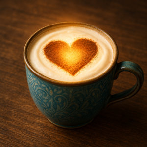 Blue ceramic mug with a heart-shaped latte art on top, resting on a wooden table.