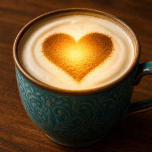 Teal ceramic mug with a heart-shaped latte art on frothy coffee, resting on a wooden table