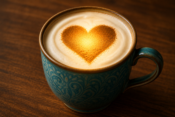 Teal ceramic mug with a heart-shaped latte art on frothy coffee, resting on a wooden table