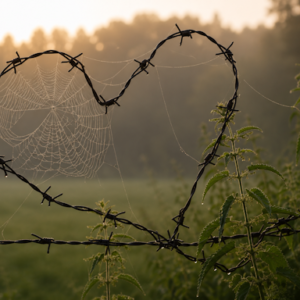 Barbed-wire heart with a spider web, backlit by sunrise over a field, suggesting fragile love behind a barrier.