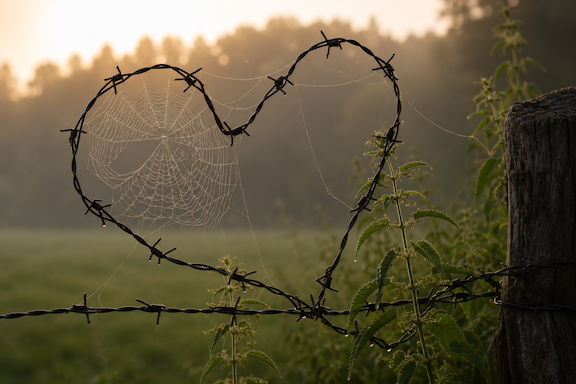 Barbed-wire heart with a spider web, backlit by sunrise over a field, suggesting fragile love behind a barrier.