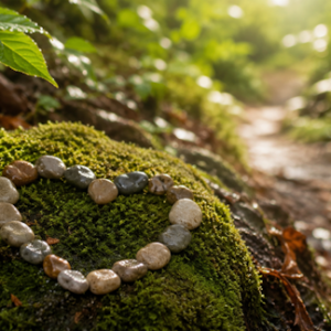 Heart-shaped arrangement of smooth stones on a moss-covered rock along a forest path.