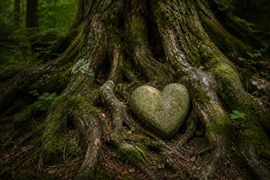 Lovebody - Next Level Tantra – närvaro, energi & autentisk kontakt - Next Level Tantra – närvaro, energi & autentisk kontakt Heart-shaped stone resting among mossy tree roots in a forest clearing.