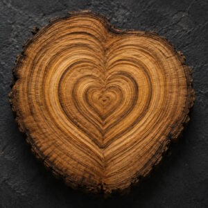 Cross-section of a tree trunk showing concentric rings forming a heart shape on a dark background