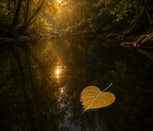 Heart-shaped leaf floats on a calm forest river, with sunlit water reflections and trees lining the banks.
