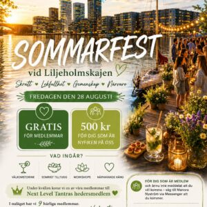 Promotional flyer for Next Level Tantra overlooking a sunset cityscape and a lakeside party with string lights and people socializing on a dock.