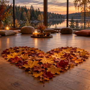 Cozy room with candles and cushions; a heart-shaped arrangement of autumn leaves on the wooden floor with a lakeside sunset view through the windows **(informative: ambience scene)**